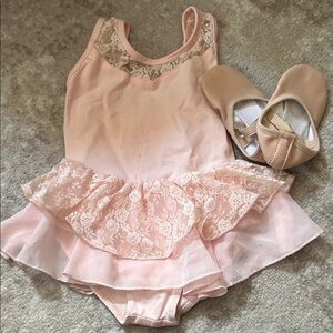 Child Pink Lace Ballet Leotard Dress with Skirt and ballet shoes